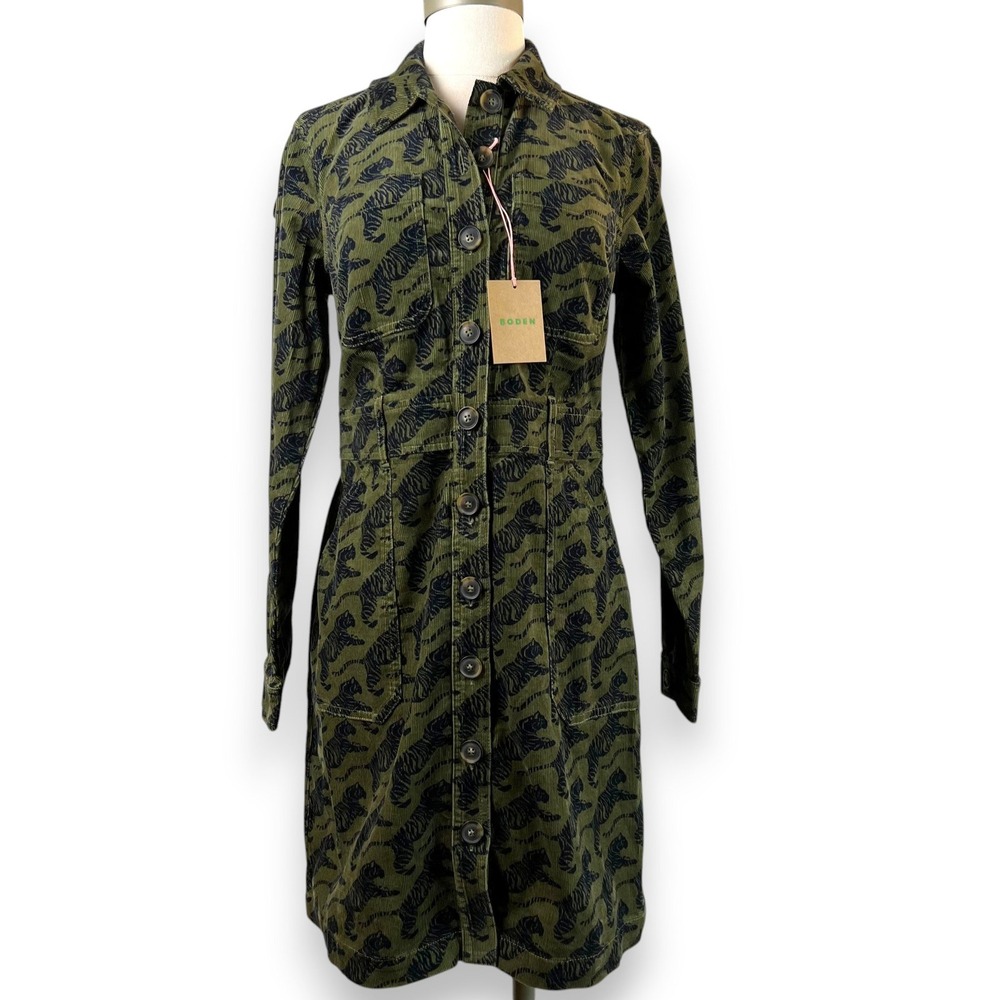 NWT Boden Amanda Corduroy Tiger Print Shirt Dress Olive Green US 4P Animal Print